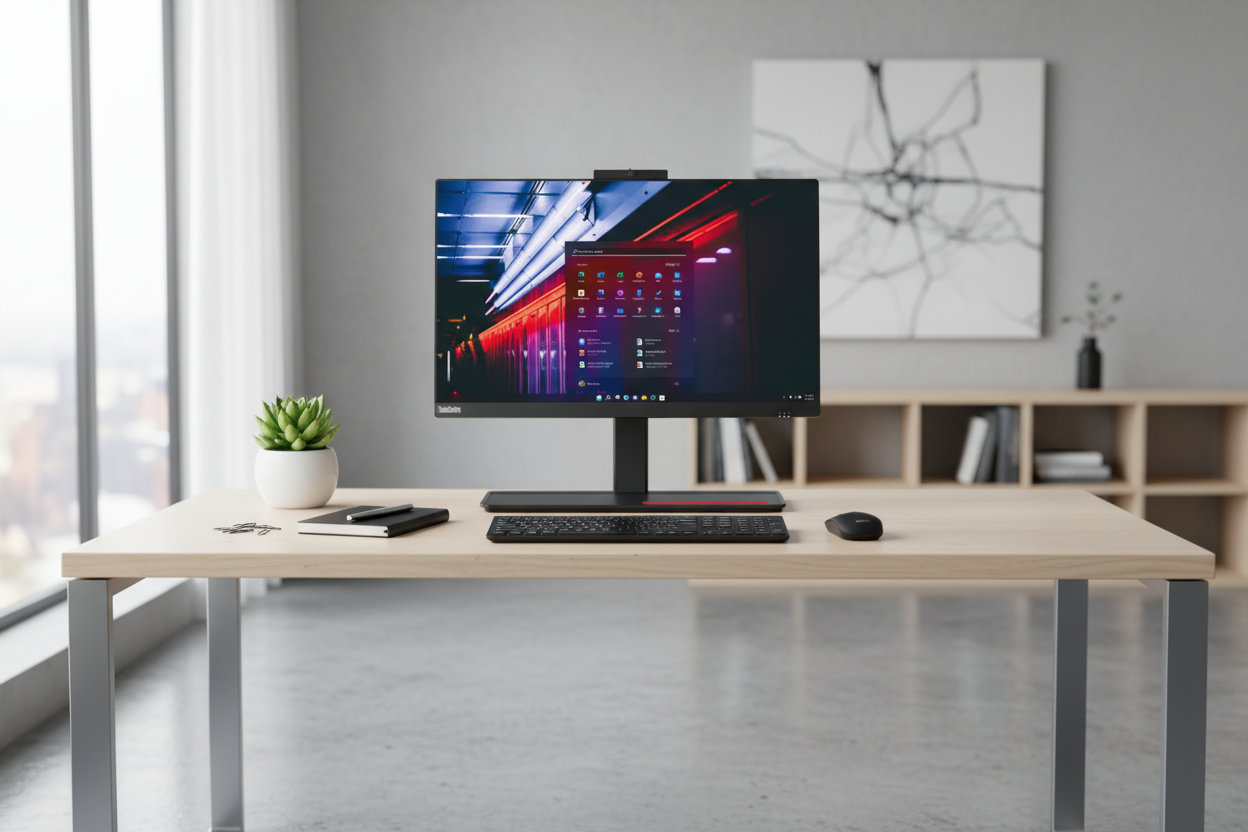 Lenovo ThinkCentre AIO M90a en escritorio de oficina moderna