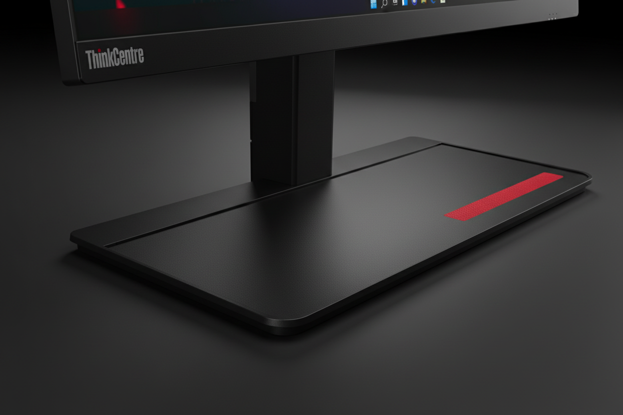 Lenovo ThinkCentre AIO M90a detalle acento rojo base